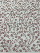 Shimmer Glitter Flower Fabric - Light Lilac - Small Glitter Flower Design on Lace Sold By Yard