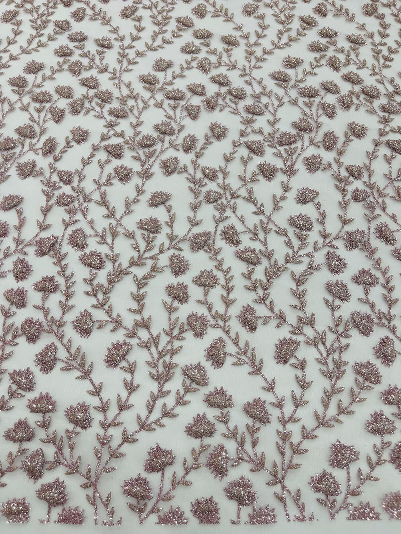 Shimmer Glitter Flower Fabric - Light Lilac - Small Glitter Flower Design on Lace Sold By Yard