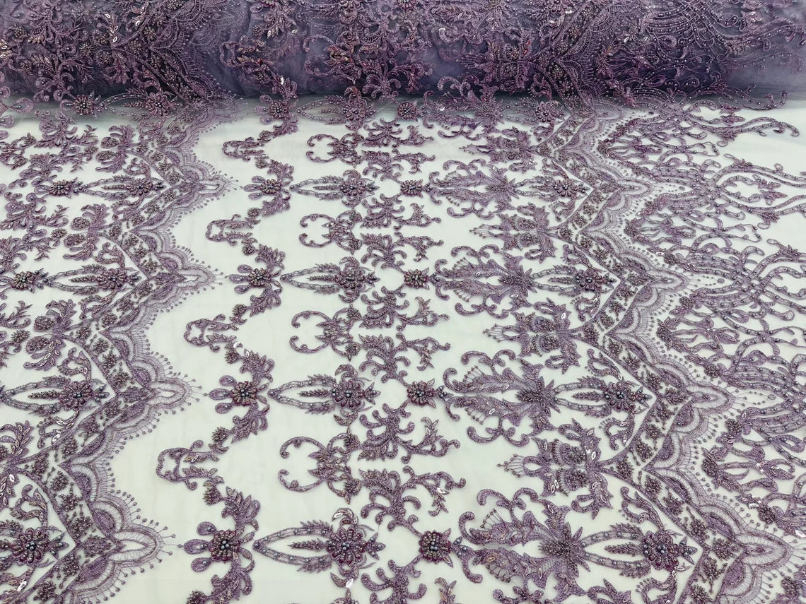 Damask Bead Fabric - Light Lilac - Embroidered Glamorous Fabric with Round Beads Sold By Yard