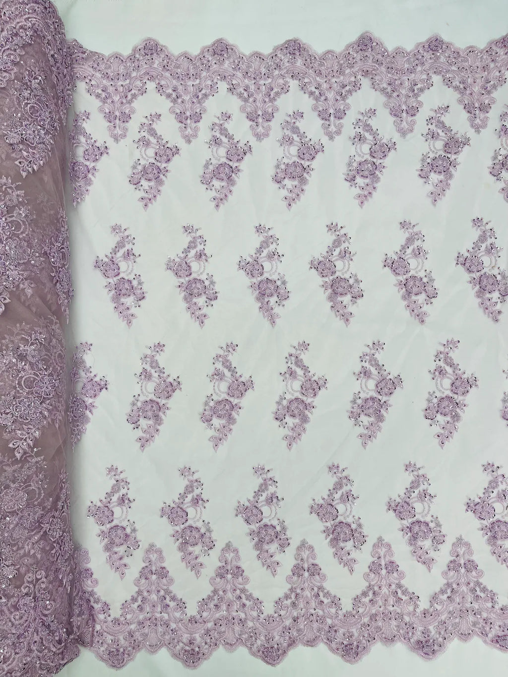 Beaded Floral Fabric - Light Lilac - Embroidered Flower Cluster Beaded Fabric Sold By Yard
