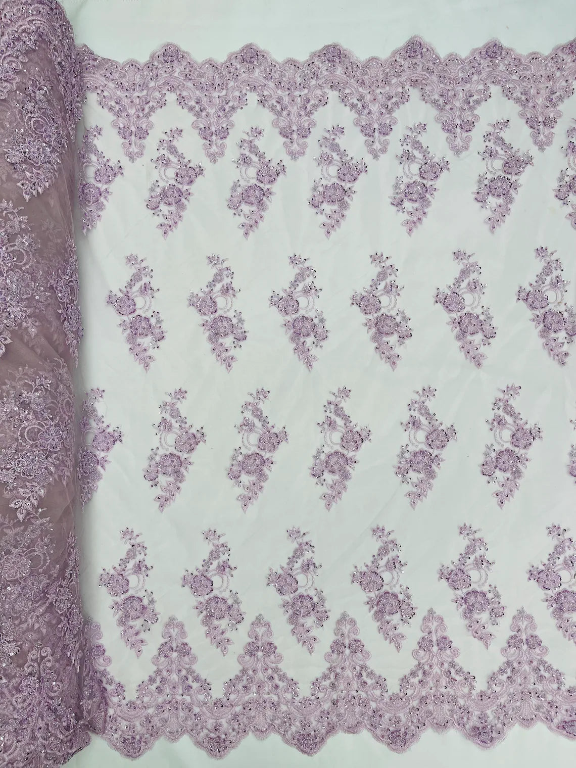 Beaded Floral Fabric - Light Lilac - Embroidered Flower Cluster Beaded Fabric Sold By Yard
