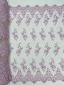 Beaded Floral Fabric - Light Lilac - Embroidered Flower Cluster Beaded Fabric Sold By Yard