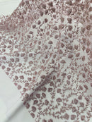 Shimmer Glitter Flower Fabric - Light Lilac - Small Glitter Flower Design on Lace Sold By Yard