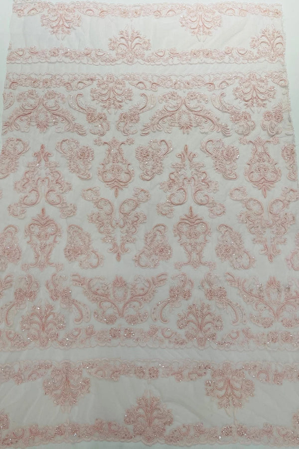 Beaded My Lady Damask Design - Light Pink - Beaded Fancy Damask Embroidered Fabric By Yard