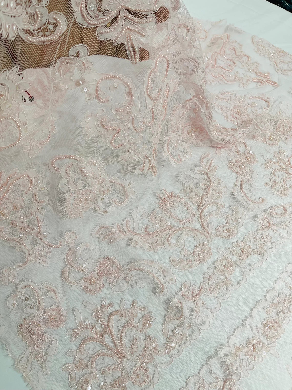 Beaded My Lady Damask Design - Light Pink - Beaded Fancy Damask Embroidered Fabric By Yard