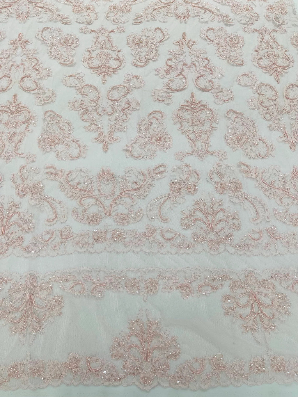 Beaded My Lady Damask Design - Light Pink - Beaded Fancy Damask Embroidered Fabric By Yard