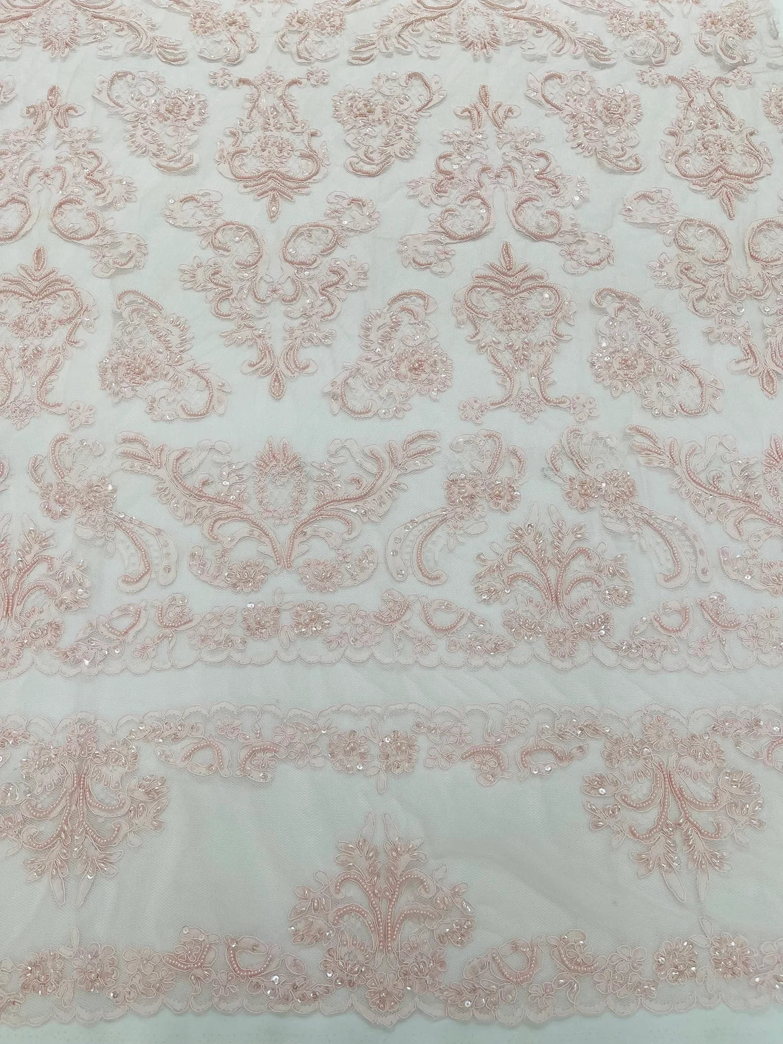 Beaded My Lady Damask Design - Light Pink - Beaded Fancy Damask Embroidered Fabric By Yard