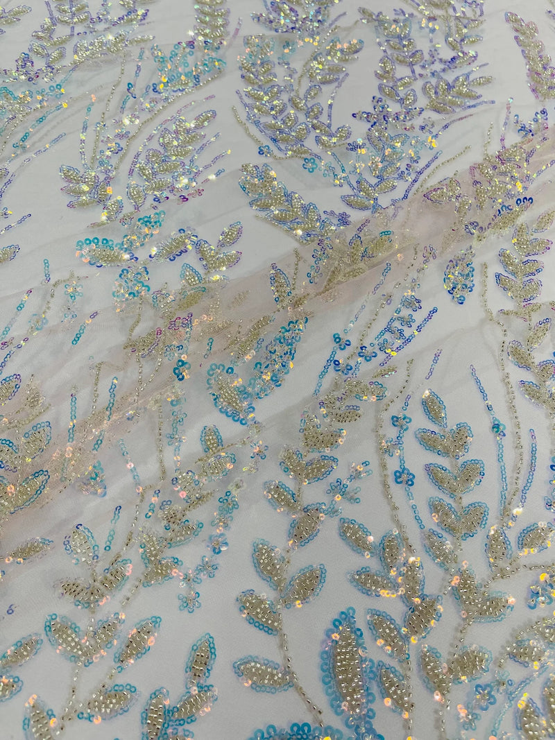 Clear Iridescent Leaf Design - Clear on Light Pink - Embroidered Beaded Sequins Mesh Fabric by Yard