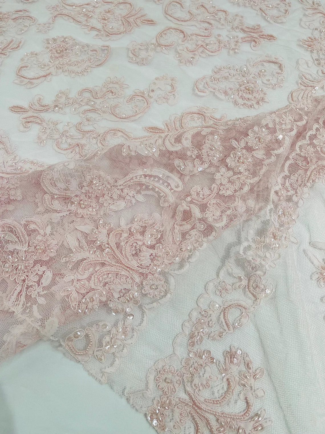 Beaded My Lady Damask Design - Light Pink - Beaded Fancy Damask Embroidered Fabric By Yard