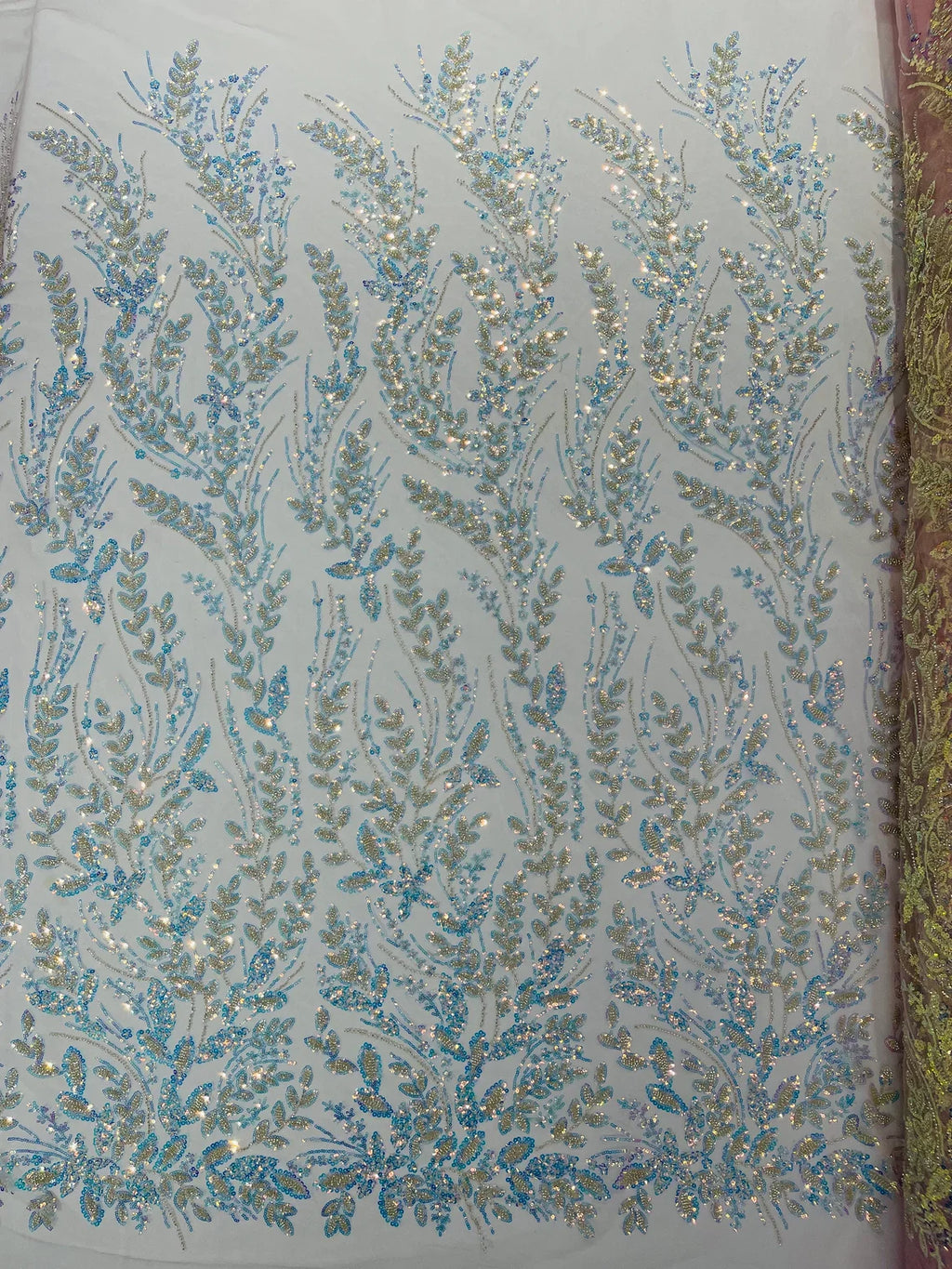 Clear Iridescent Leaf Design - Clear on Light Pink - Embroidered Beaded Sequins Mesh Fabric by Yard