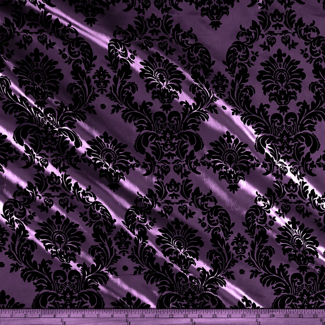Flocked Taffeta Damask Design - Taffeta with Flocked Velvet Damask Design Sold By Yard