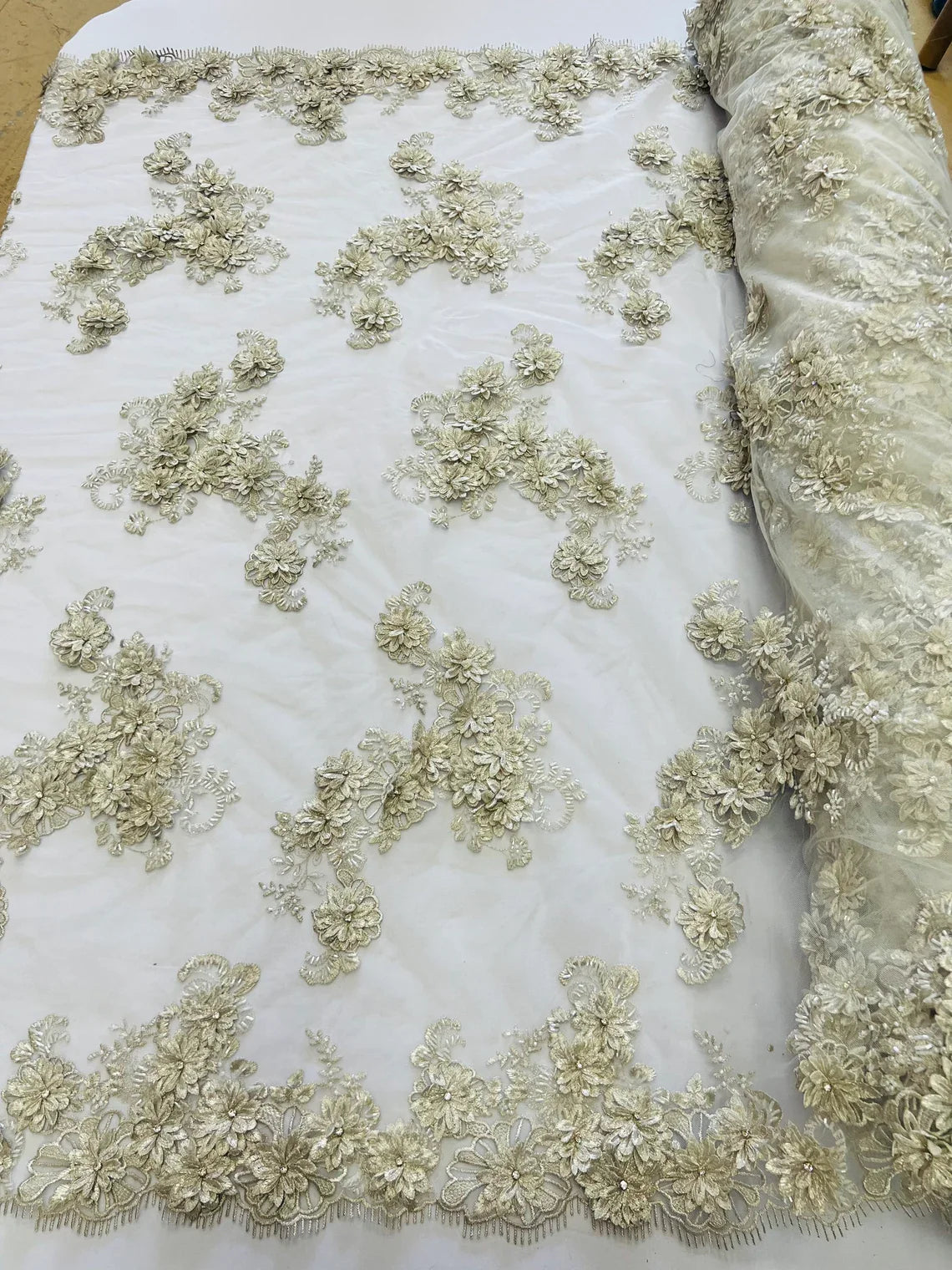 3D Flowers and Rhinestone - Light Silver - Elegant Realistic Flowers Embroidered On Lace Fabric By Yard