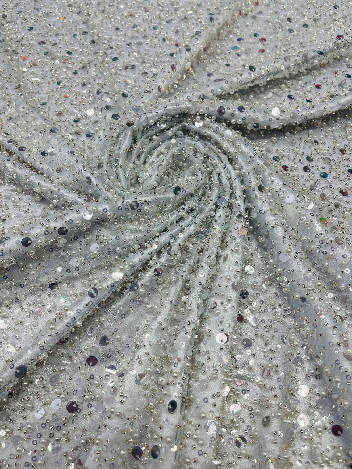 Heavy Duty Sequins Pearl Fabric - Light Silver - Heavy Handmade Embroidery Lace with Sequins All Over By Yard