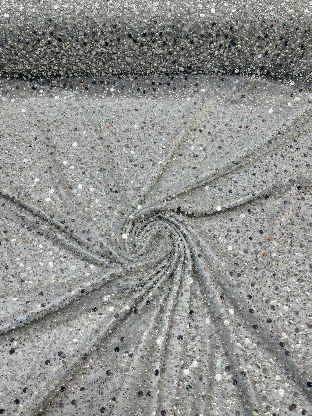 Heavy Duty Sequins Pearl Fabric - Light Silver - Heavy Handmade Embroidery Lace with Sequins All Over By Yard