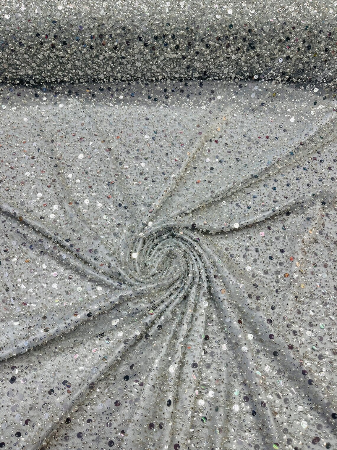 Heavy Duty Sequins Pearl Fabric - Light Silver - Heavy Handmade Embroidery Lace with Sequins All Over By Yard