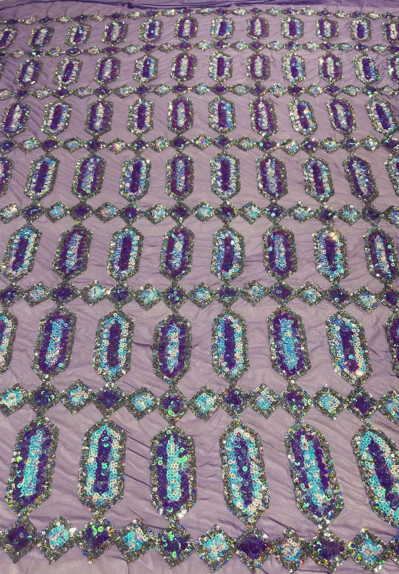 Fancy Gem Jewel Fabric - Lilac - Geometric Stretch Sequins Design on Mesh By Yard