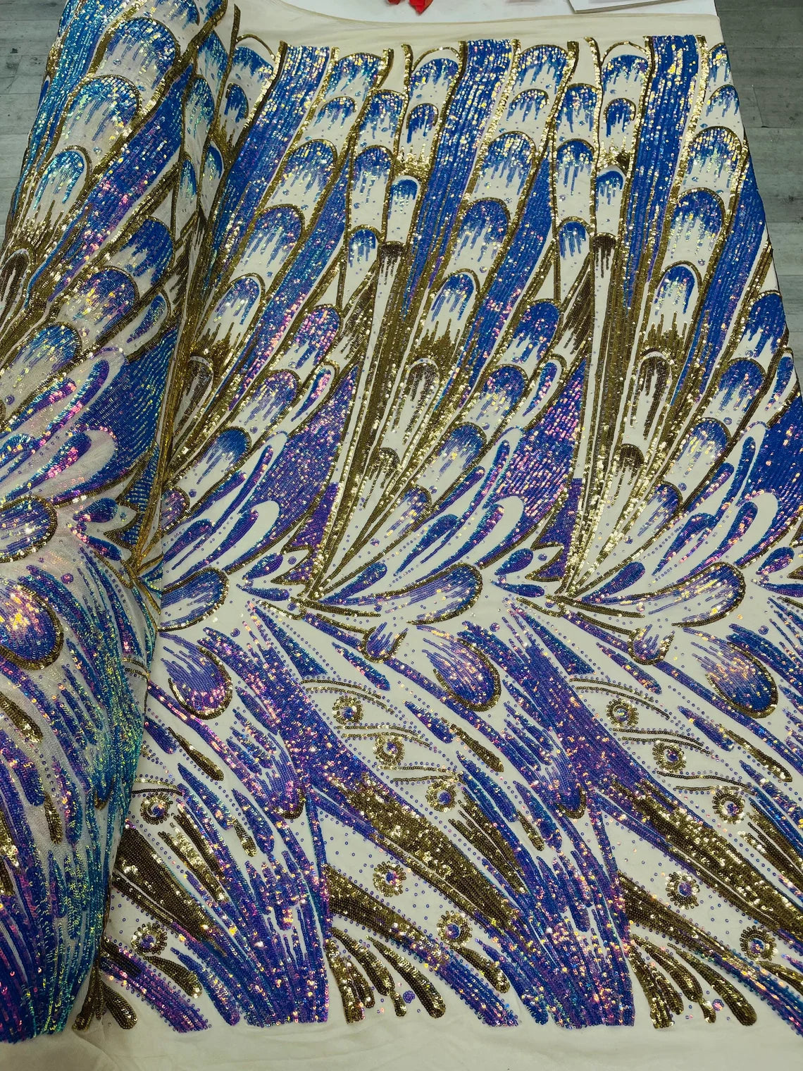 Multi-Color Sequins Design - Lilac Iridescent / Gold - 4 Way Stretch Sequins Fabric By The Yard