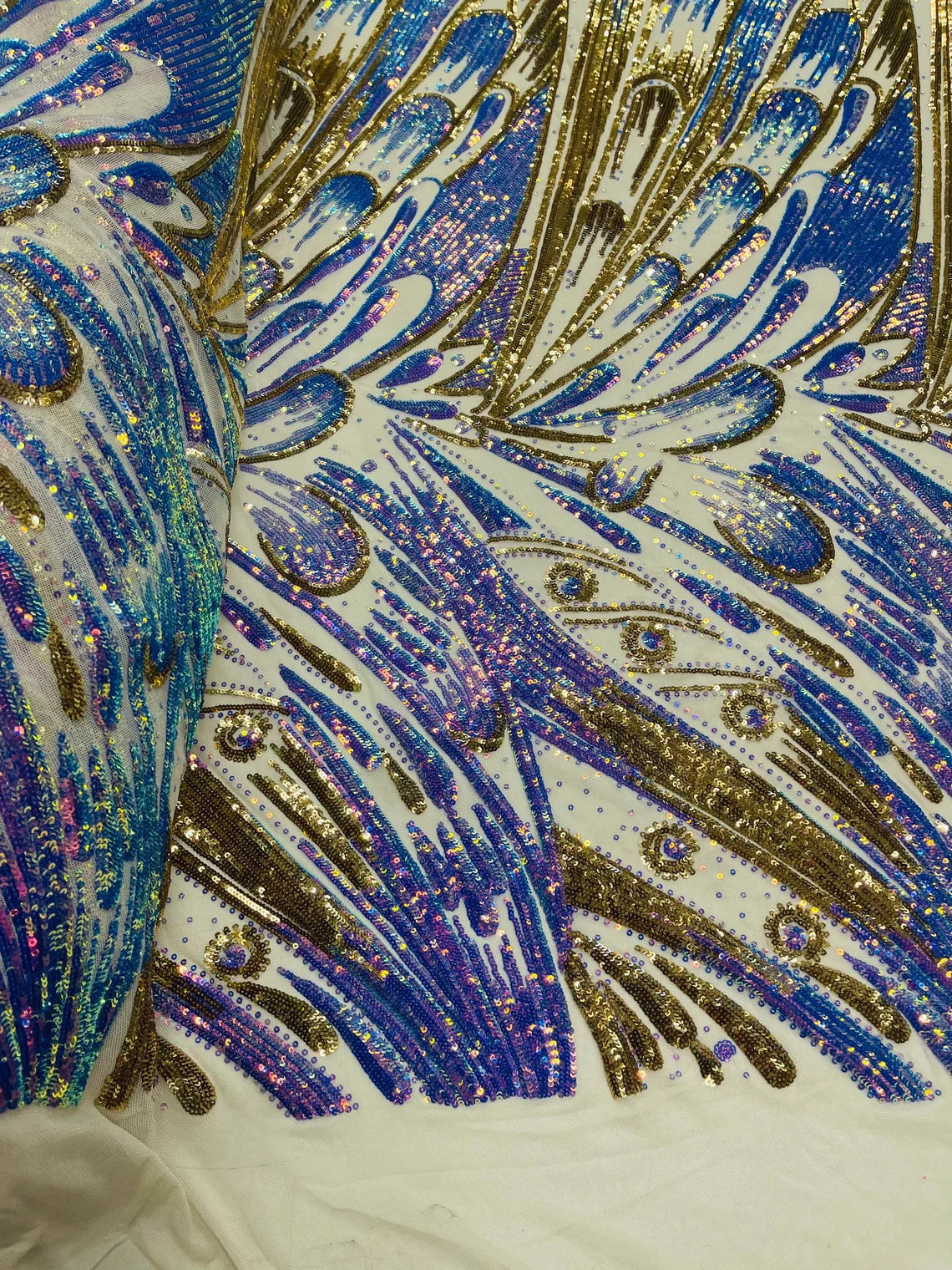 Multi-Color Sequins Design - Lilac Iridescent / Gold - 4 Way Stretch Sequins Fabric By The Yard
