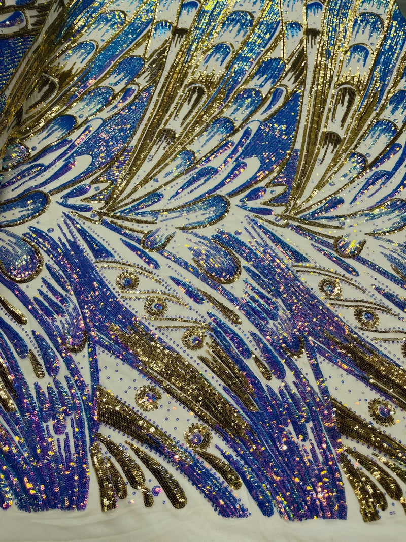 Multi-Color Sequins Design - Lilac Iridescent / Gold - 4 Way Stretch Sequins Fabric By The Yard