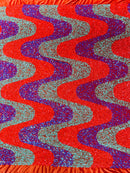 Wavy Line Velvet Sequins - Lilac / Orange / Green - 2 Way Stretch Fabric 58/60” By Yard