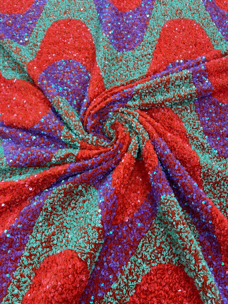 Wavy Line Velvet Sequins - Lilac / Orange / Green - 2 Way Stretch Fabric 58/60” By Yard
