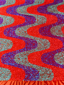 Wavy Line Velvet Sequins - Lilac / Orange / Green - 2 Way Stretch Fabric 58/60” By Yard