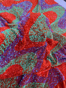 Wavy Line Velvet Sequins - Lilac / Orange / Green - 2 Way Stretch Fabric 58/60” By Yard