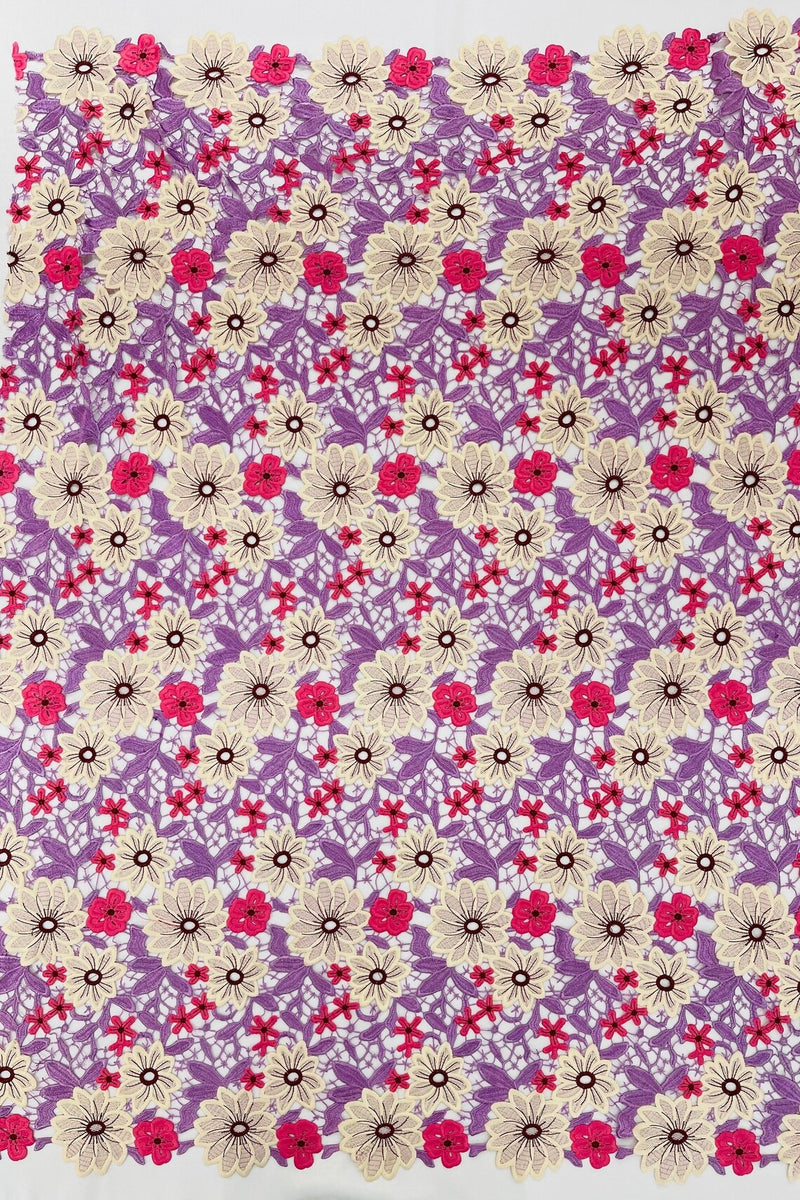 Multi-Color Guipure Lace Design Fabric - Lilac / Pink - Floral Lace Fabric by Yard