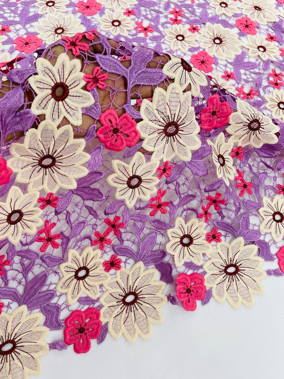 Multi-Color Guipure Lace Design Fabric - Lilac / Pink - Floral Lace Fabric by Yard