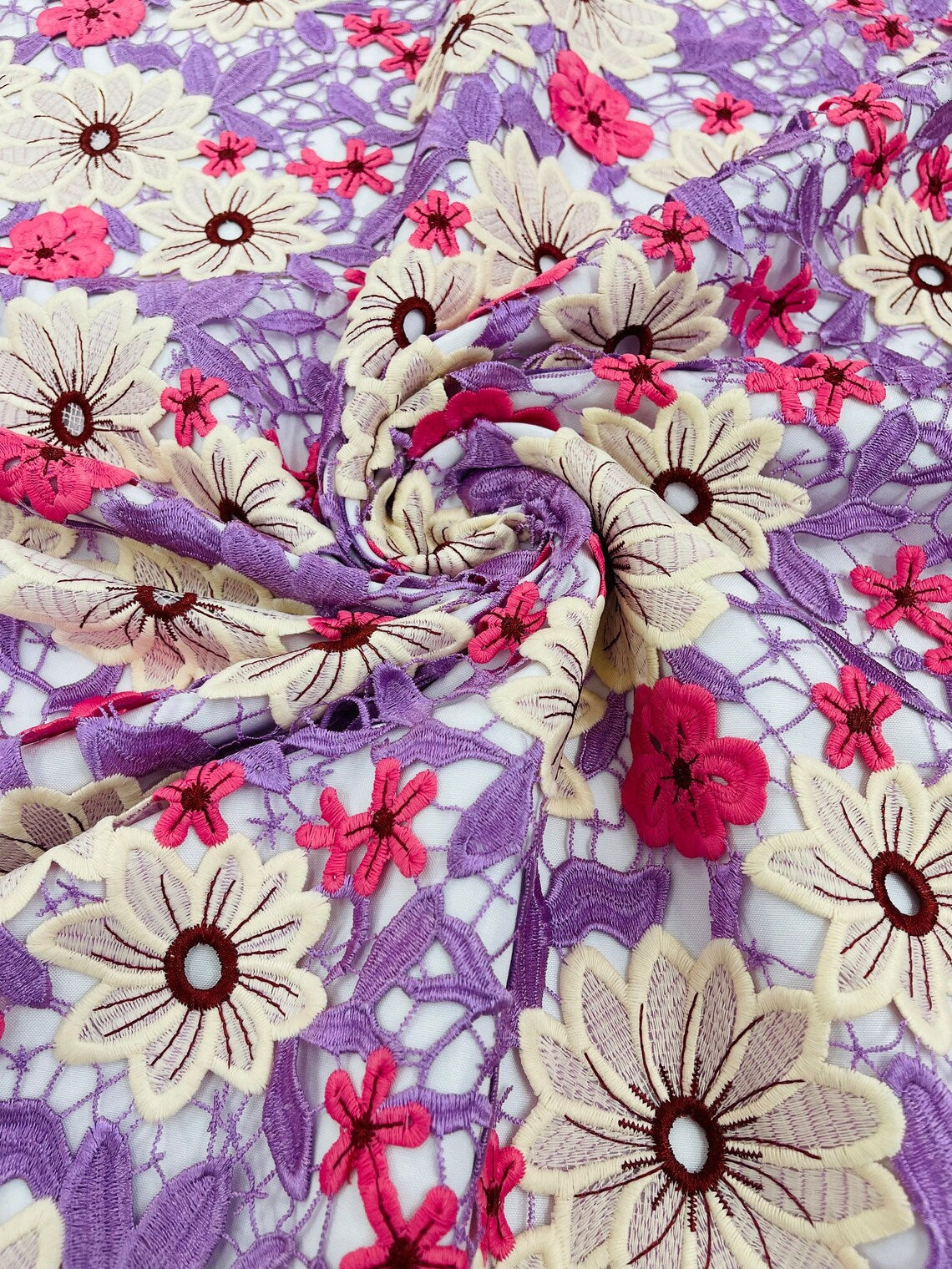 Multi-Color Guipure Lace Design Fabric - Lilac / Pink - Floral Lace Fabric by Yard