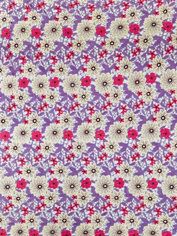 Multi-Color Guipure Lace Design Fabric - Lilac / Pink - Floral Lace Fabric by Yard