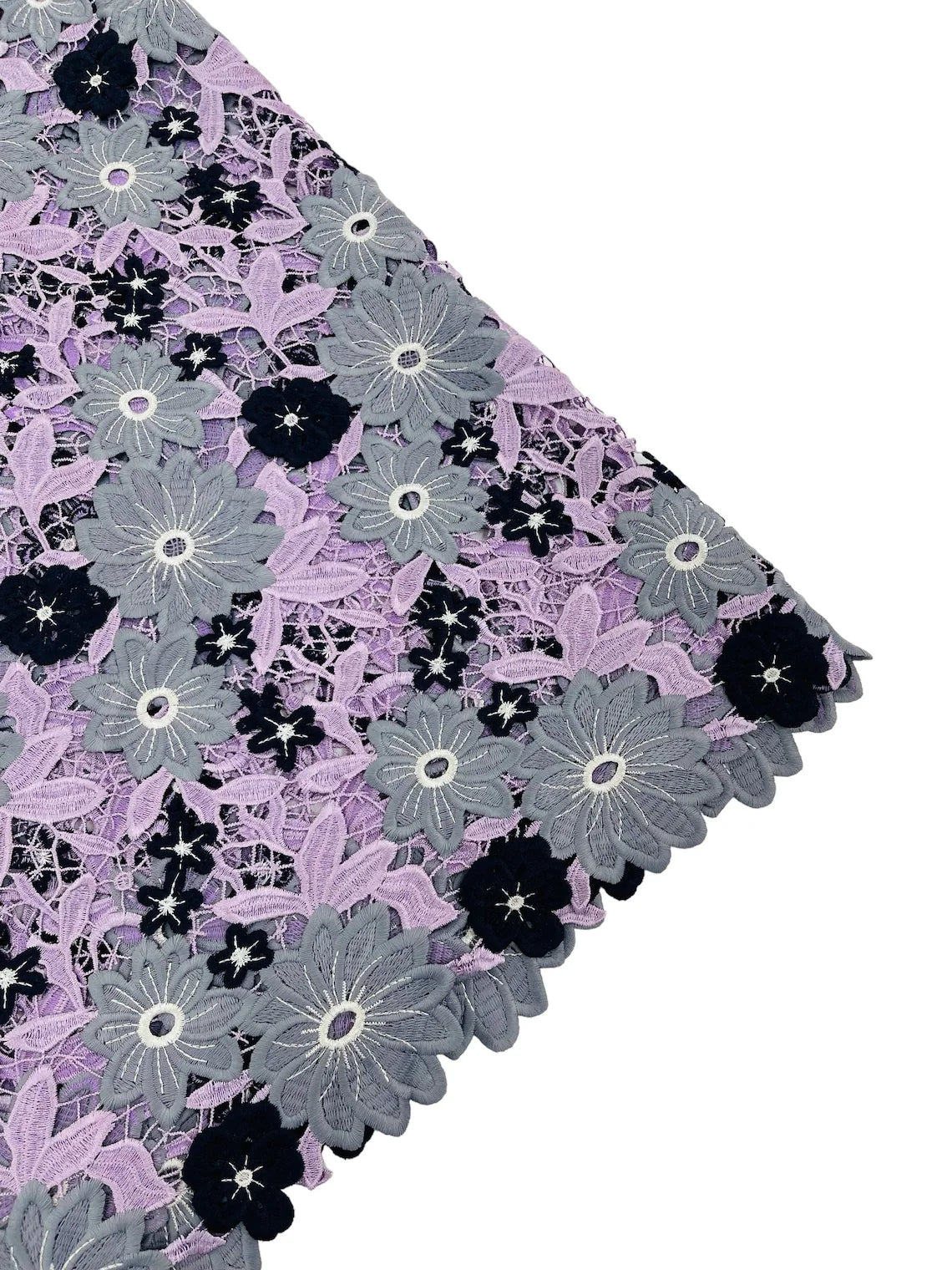 Multi-Color Guipure Lace Design Fabric - Lilac/Silver/Black - Floral Lace Fabric by Yard