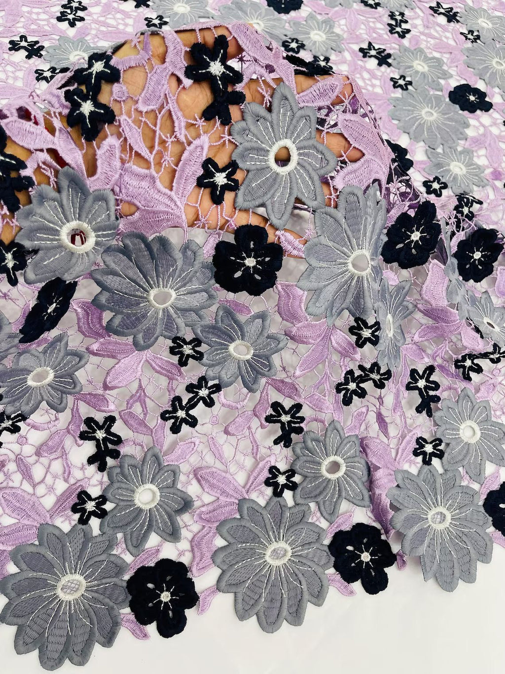 Multi-Color Guipure Lace Design Fabric - Lilac/Silver/Black - Floral Lace Fabric by Yard
