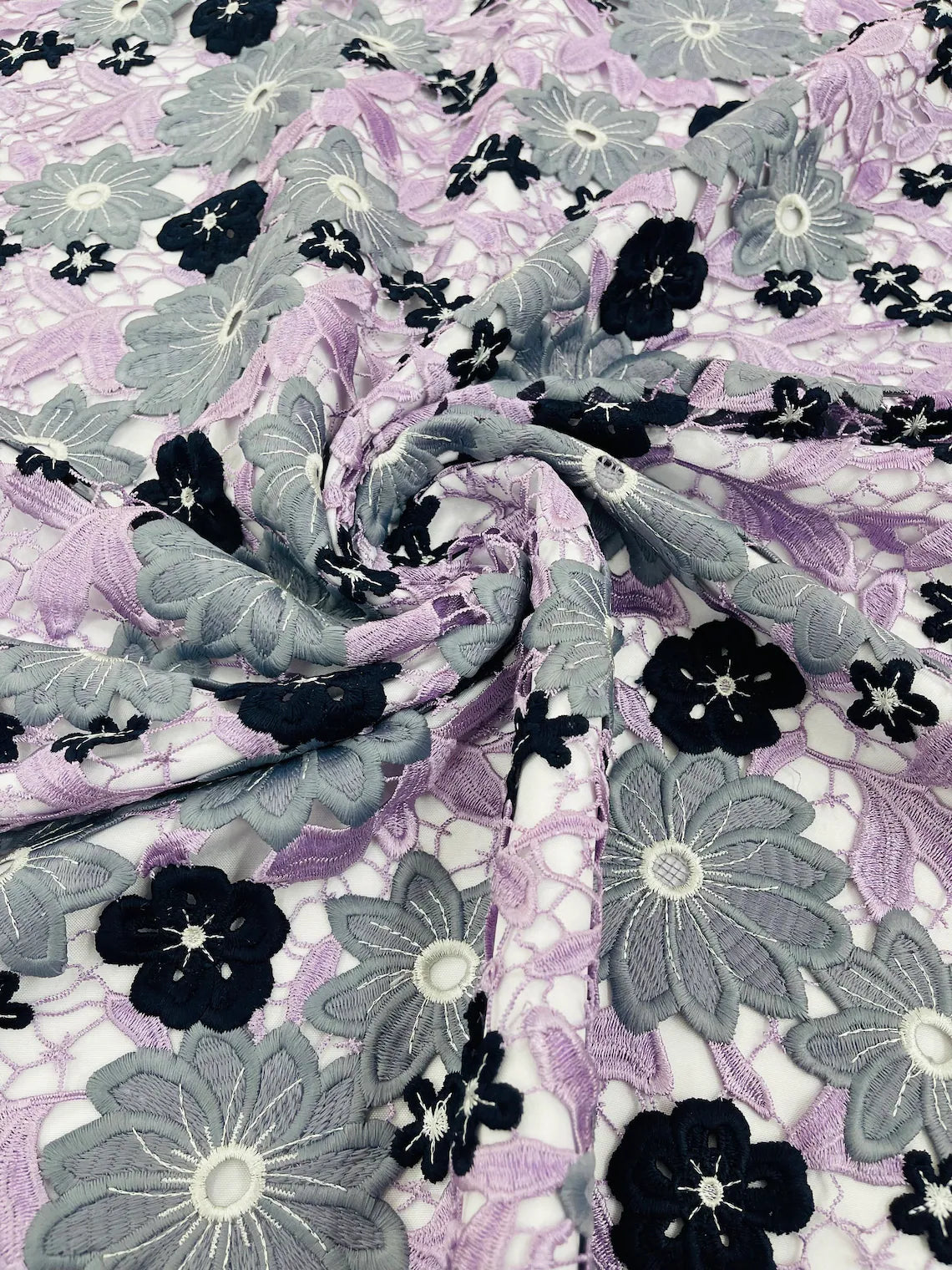 Multi-Color Guipure Lace Design Fabric - Lilac/Silver/Black - Floral Lace Fabric by Yard