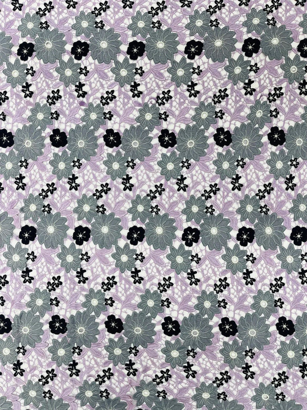 Multi-Color Guipure Lace Design Fabric - Lilac/Silver/Black - Floral Lace Fabric by Yard