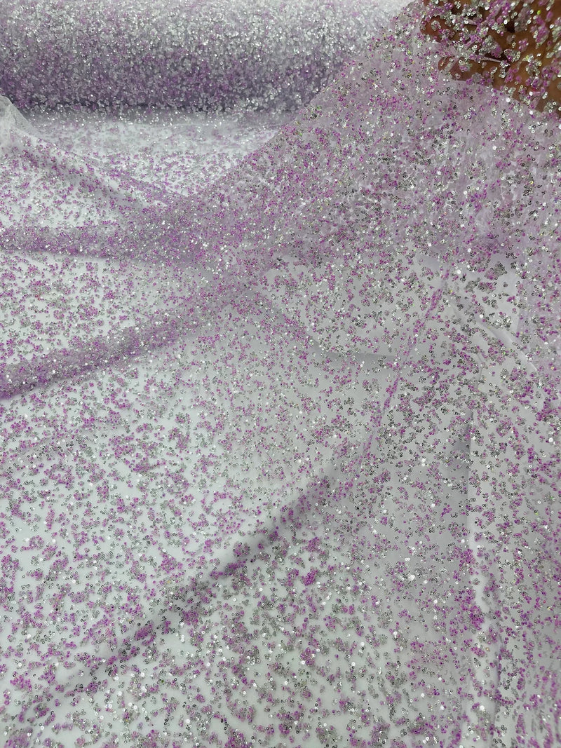 Beads and Sequins Lace - Lilac / Silver - Embroidered Beads and Sequins on Lace Mesh Fabric By Yard