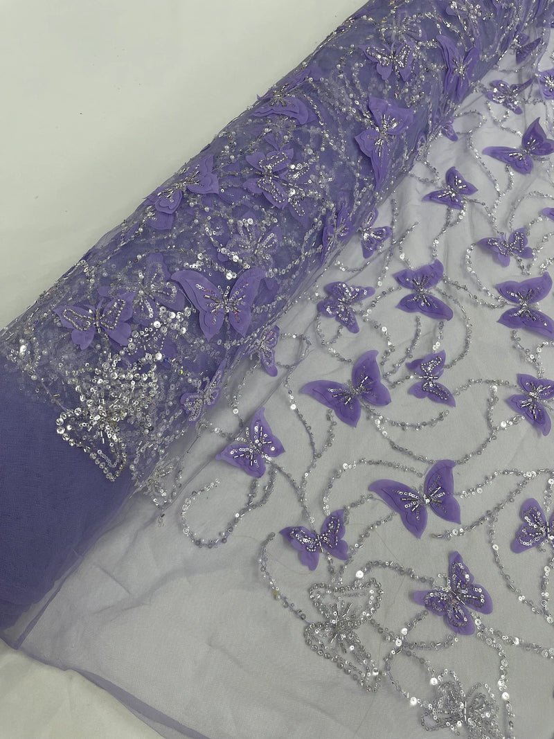 3D Butterfly Beaded Fabric - Lilac / Silver - Beaded Sequins Butterfly Embroidered Fabric By Yard