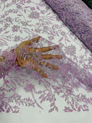 Floral Silver Beaded Fabric - Lilac - Flower Design with Silver Beads and Sequins on Lace by Yard