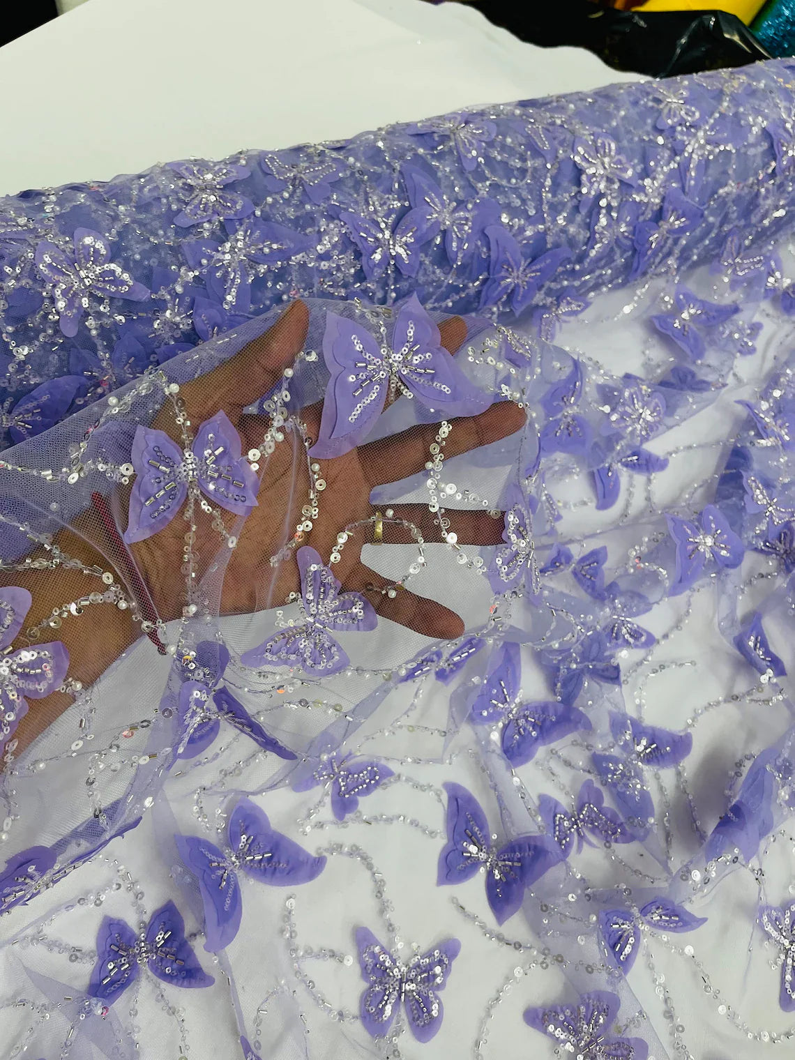 3D Butterfly Beaded Fabric - Lilac / Silver - Beaded Sequins Butterfly Embroidered Fabric By Yard