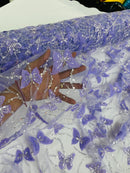 3D Butterfly Beaded Fabric - Lilac / Silver - Beaded Sequins Butterfly Embroidered Fabric By Yard
