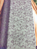 Floral Silver Beaded Fabric - Lilac - Flower Design with Silver Beads and Sequins on Lace by Yard