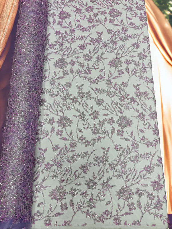 Floral Silver Beaded Fabric - Lilac - Flower Design with Silver Beads and Sequins on Lace by Yard