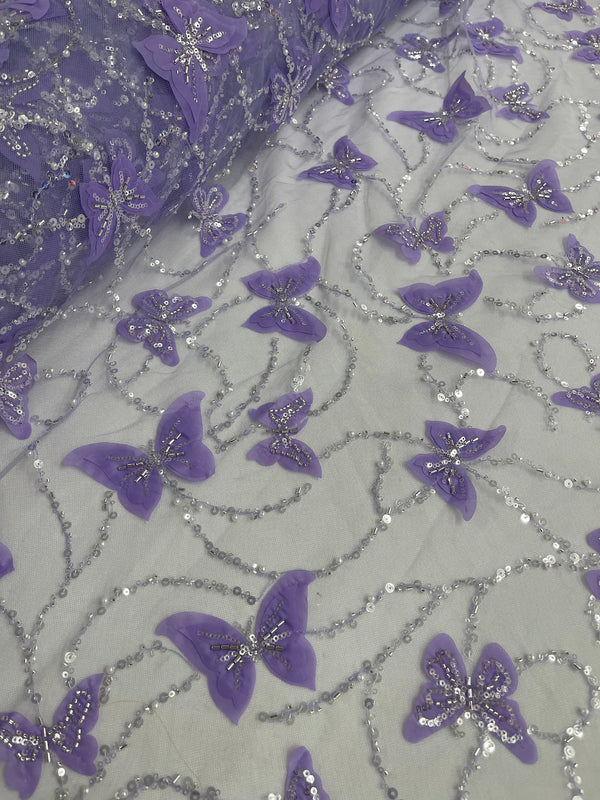 3D Butterfly Beaded Fabric - Lilac / Silver - Beaded Sequins Butterfly Embroidered Fabric By Yard