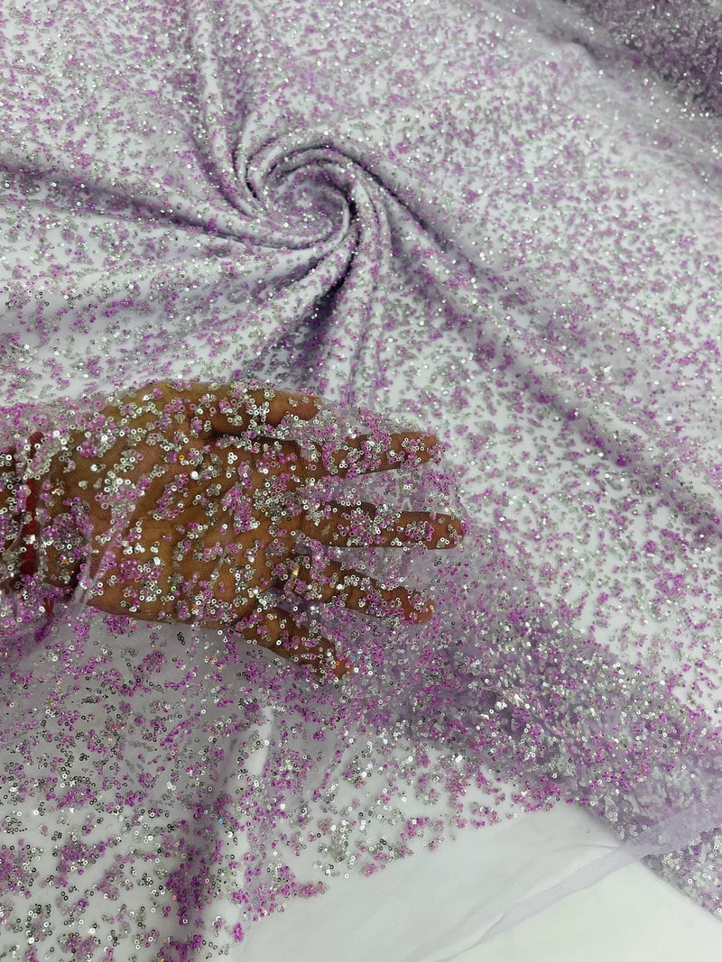 Beads and Sequins Lace - Lilac / Silver - Embroidered Beads and Sequins on Lace Mesh Fabric By Yard