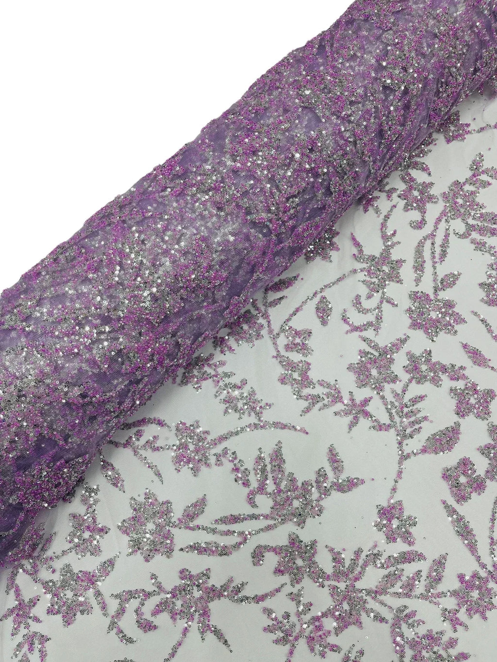 Floral Silver Beaded Fabric - Lilac - Flower Design with Silver Beads and Sequins on Lace by Yard