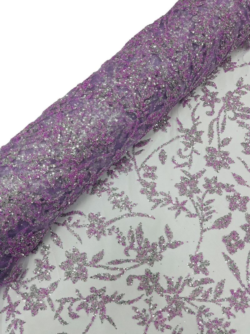 Floral Silver Beaded Fabric - Lilac - Flower Design with Silver Beads and Sequins on Lace by Yard