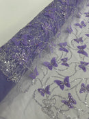 3D Butterfly Beaded Fabric - Lilac / Silver - Beaded Sequins Butterfly Embroidered Fabric By Yard