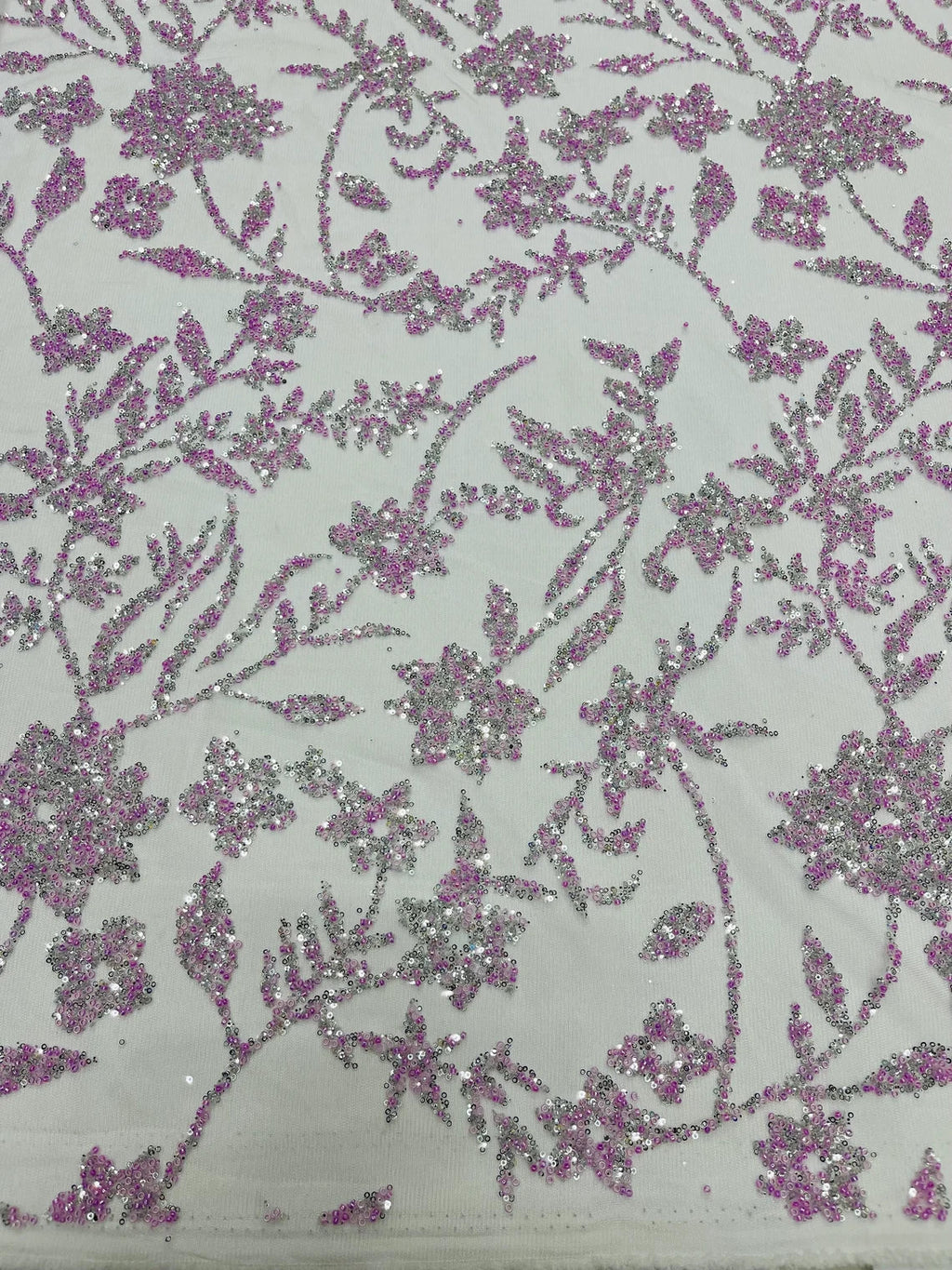 Floral Silver Beaded Fabric - Lilac - Flower Design with Silver Beads and Sequins on Lace by Yard