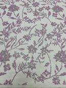 Floral Silver Beaded Fabric - Lilac - Flower Design with Silver Beads and Sequins on Lace by Yard