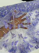 3D Butterfly Beaded Fabric - Lilac / Silver - Beaded Sequins Butterfly Embroidered Fabric By Yard